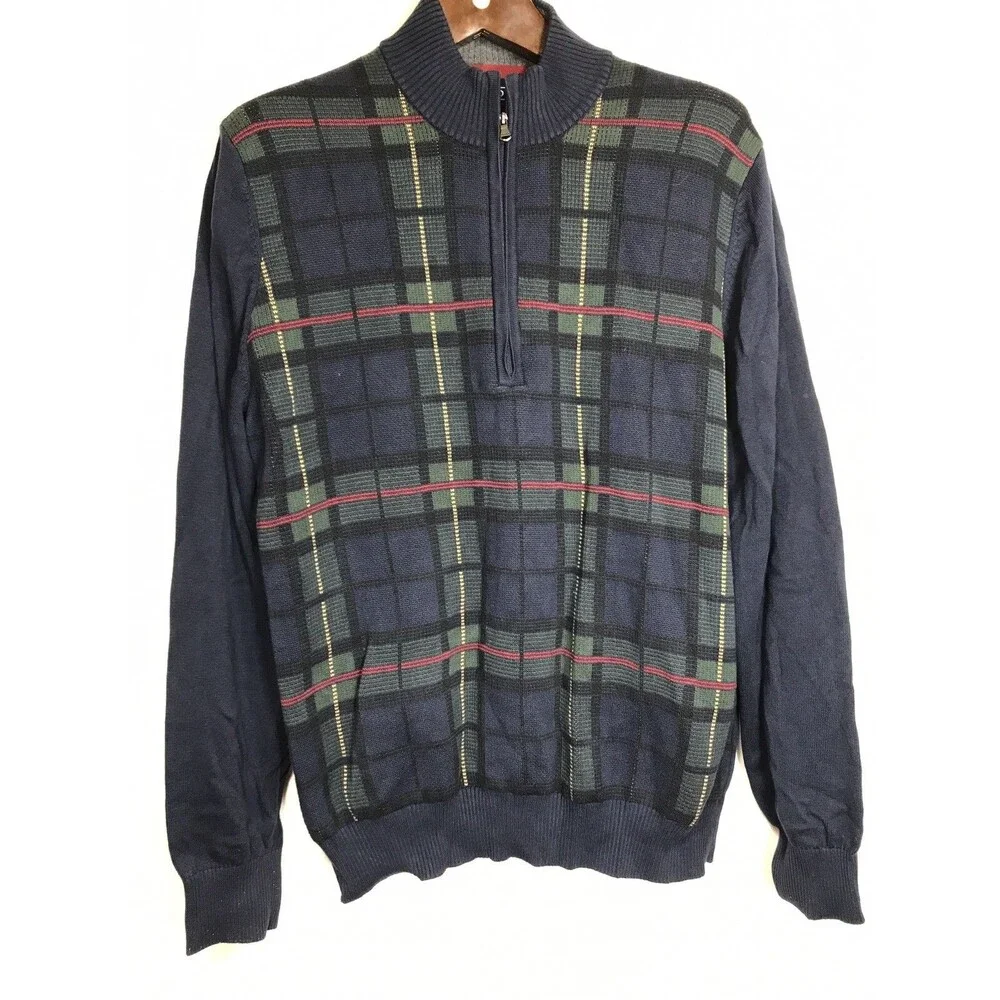 Izod Mens 1/4 Zip Pullover Sweater Size Large Blue Green Plaid Long Sleeve Golf